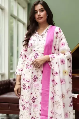 Floral Printed Pure Cotton Straight Kurta With Trousers & Dupatta