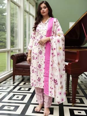 Floral Printed  Cotton Straight Kurta With Trousers & Dupatta 1
