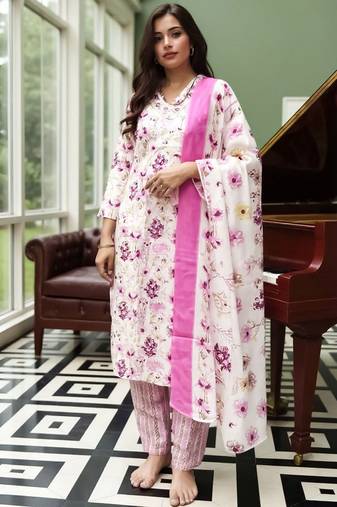 Floral Printed  Cotton Straight Kurta With Trousers & Dupatta