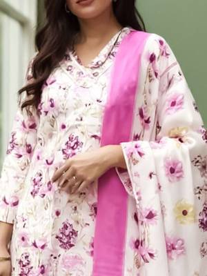 Floral Printed  Cotton Straight Kurta With Trousers & Dupatta 3