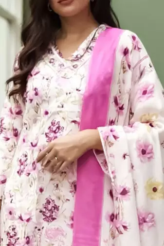 Floral Printed Pure Cotton Straight Kurta With Trousers & Dupatta