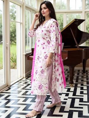 Floral Printed  Cotton Straight Kurta With Trousers & Dupatta 4