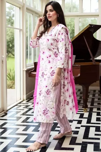 Floral Printed Pure Cotton Straight Kurta With Trousers & Dupatta