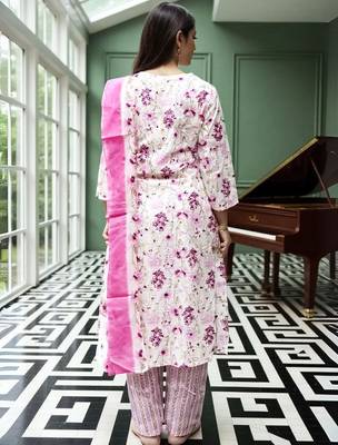 Floral Printed  Cotton Straight Kurta With Trousers & Dupatta 5