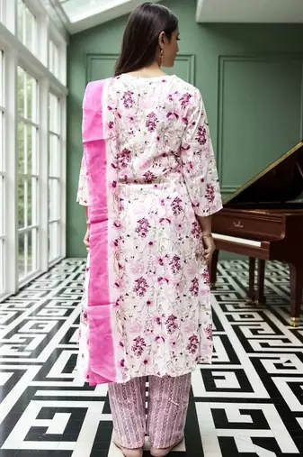 Floral Printed Pure Cotton Straight Kurta With Trousers & Dupatta
