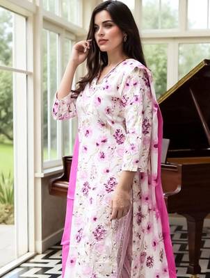 Floral Printed  Cotton Straight Kurta With Trousers & Dupatta 6