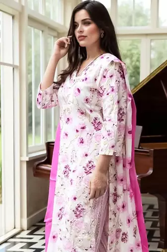 Floral Printed Pure Cotton Straight Kurta With Trousers & Dupatta