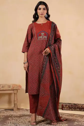 Women Ethnic Motifs Printed Cotton Kurta with Trousers & Dupatta