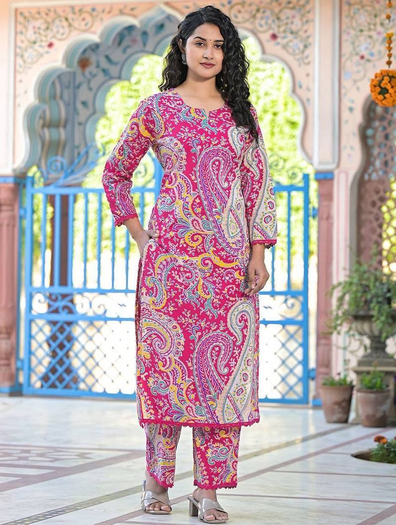 Paisley Printed Pure Cotton Straight Kurta With Trousers