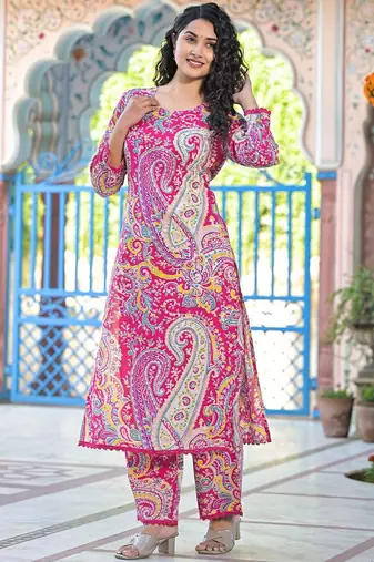 Paisley Printed Pure Cotton Straight Kurta With Trousers