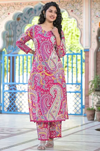 Paisley Printed Pure Cotton Straight Kurta With Trousers