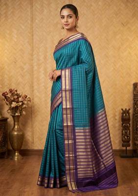 Peacock blue and  touch silk saree with blouse 1