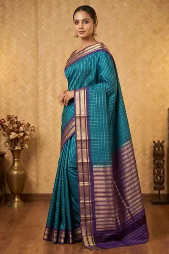 Peacock blue and  touch silk saree with blouse