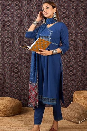 Women Ethnic Motifs Printed  Cotton Kurta with Trouser & Dupatta