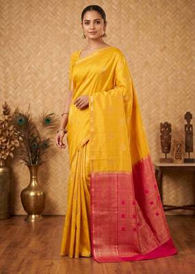 Ducky yellow and pink touch silk saree with blouse 1