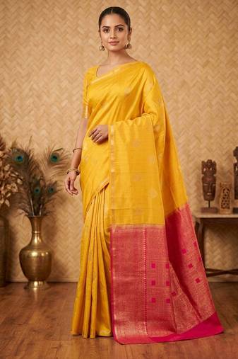 Ducky yellow and pink touch silk saree with blouse