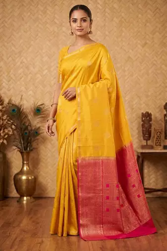 Ducky yellow and pink touch silk saree with blouse