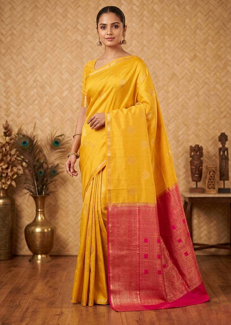 Ducky yellow and pink touch silk saree with blouse