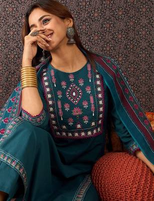 Floral Embroidered Thread Work Pure Cotton Straight Kurta With Trouser & Dupatta 2