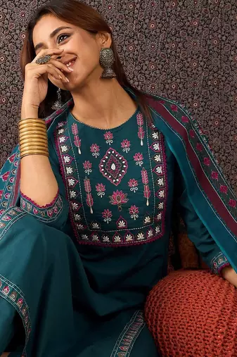 Floral Embroidered Thread Work  Cotton Straight Kurta With Trouser & Dupatta