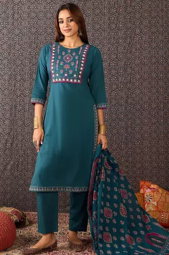 Floral Embroidered Thread Work  Cotton Straight Kurta With Trouser & Dupatta