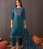 Floral Embroidered Thread Work Pure Cotton Straight Kurta With Trouser & Dupatta