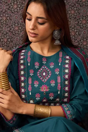 Floral Embroidered Thread Work  Cotton Straight Kurta With Trouser & Dupatta