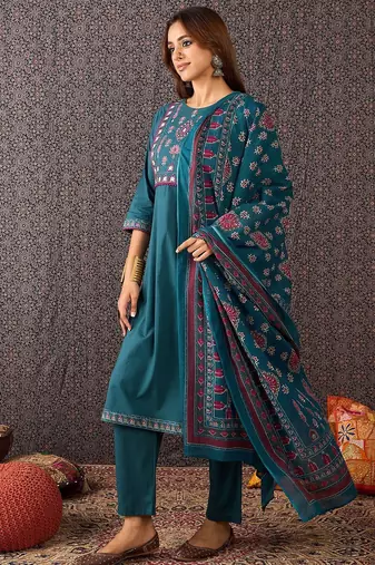 Floral Embroidered Thread Work  Cotton Straight Kurta With Trouser & Dupatta