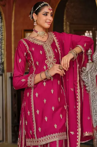 Adults-Women Woven Design Embroidered Kurta with Palazzos & Dupatta