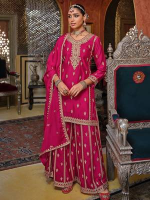 Adults-Women Woven Design Embroidered Kurta with Palazzos & Dupatta 1
