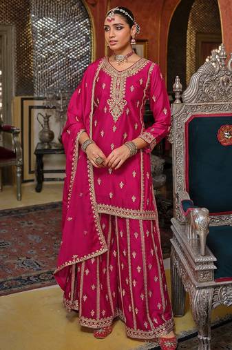 Adults-Women Woven Design Embroidered Kurta with Palazzos & Dupatta