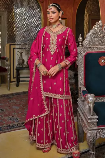 Adults-Women Woven Design Embroidered Kurta with Palazzos & Dupatta