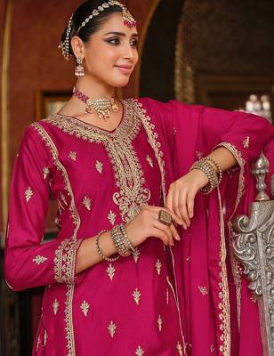Adults-Women Woven Design Embroidered Kurta with Palazzos & Dupatta 3