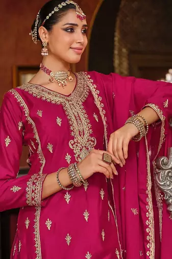 Adults-Women Woven Design Embroidered Kurta with Palazzos & Dupatta