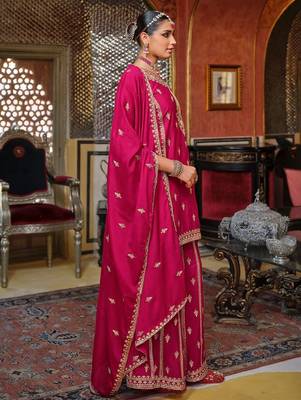 Adults-Women Woven Design Embroidered Kurta with Palazzos & Dupatta 4