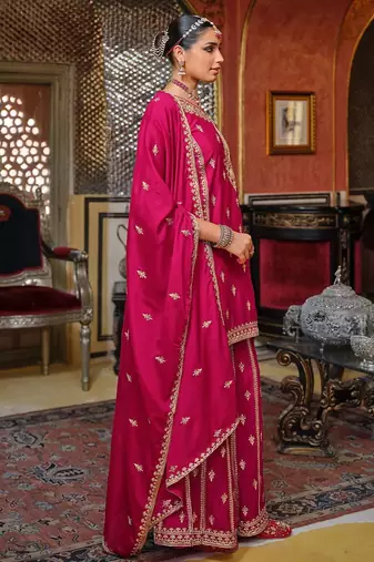 Adults-Women Woven Design Embroidered Kurta with Palazzos & Dupatta