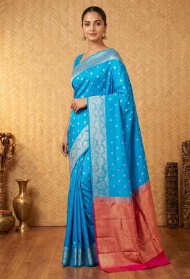 Azure blue and pink designer touch silk saree with blouse 1