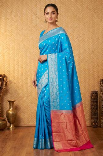Azure blue and pink designer touch silk saree with blouse