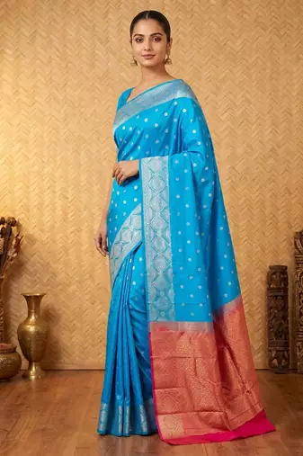 Azure blue and pink designer touch silk saree with blouse
