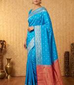 Azure blue and pink designer touch silk saree with blouse