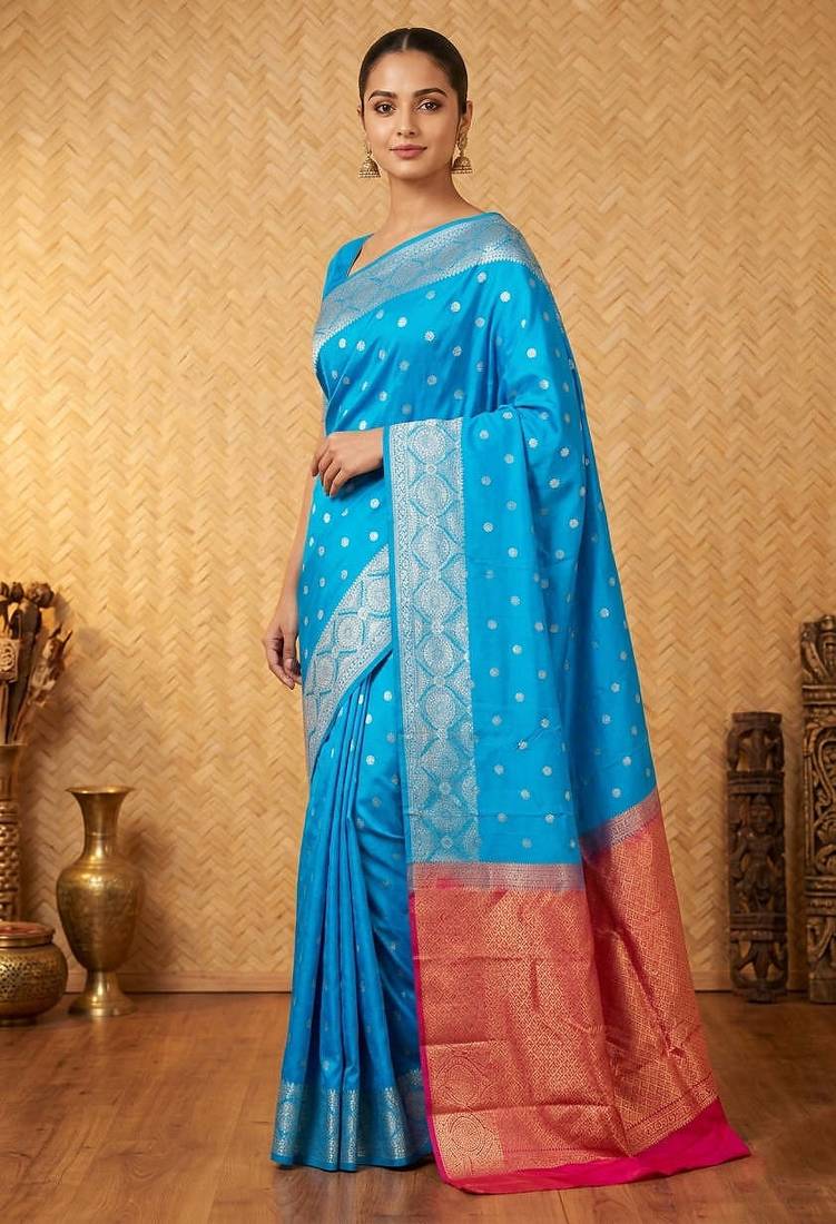 Azure blue and pink designer touch silk saree with blouse
