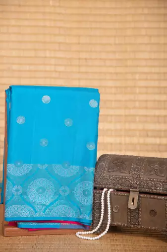 Azure blue and pink designer touch silk saree with blouse