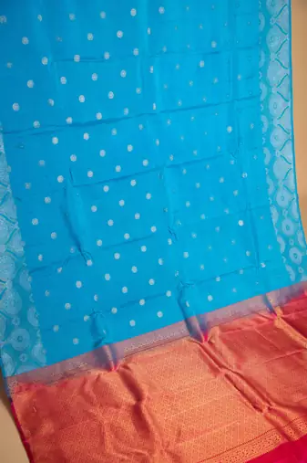 Azure blue and pink designer touch silk saree with blouse