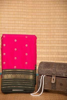 Strawberry pink and green semi silk saree with blouse 1