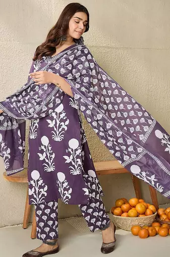 Women Ethnic Motifs Printed Mirror Work Pure Cotton Kurta with Trousers & Dupatta