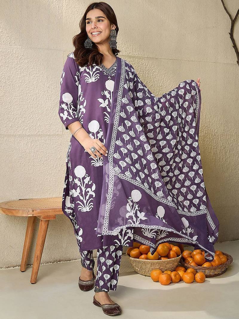 Women Ethnic Motifs Printed Mirror Work  Cotton Kurta with Trousers & Dupatta