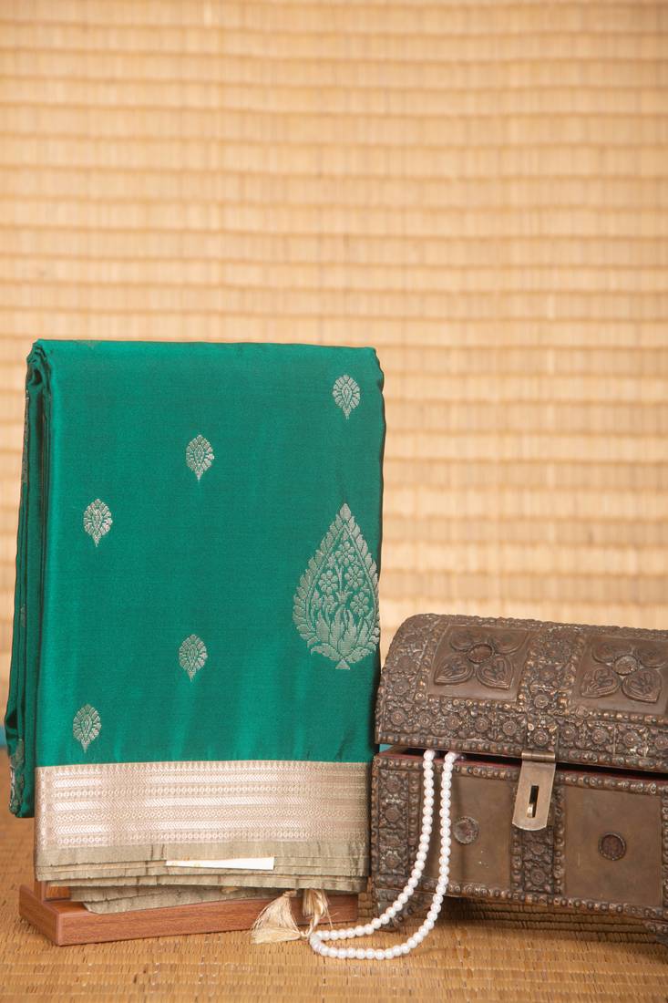 Emerald green and artichoke green semi silk saree with blouse