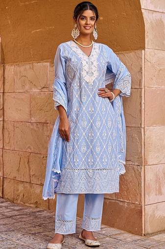 Women Floral Embroidered Pure Cotton Kurta with Trousers & Dupatta