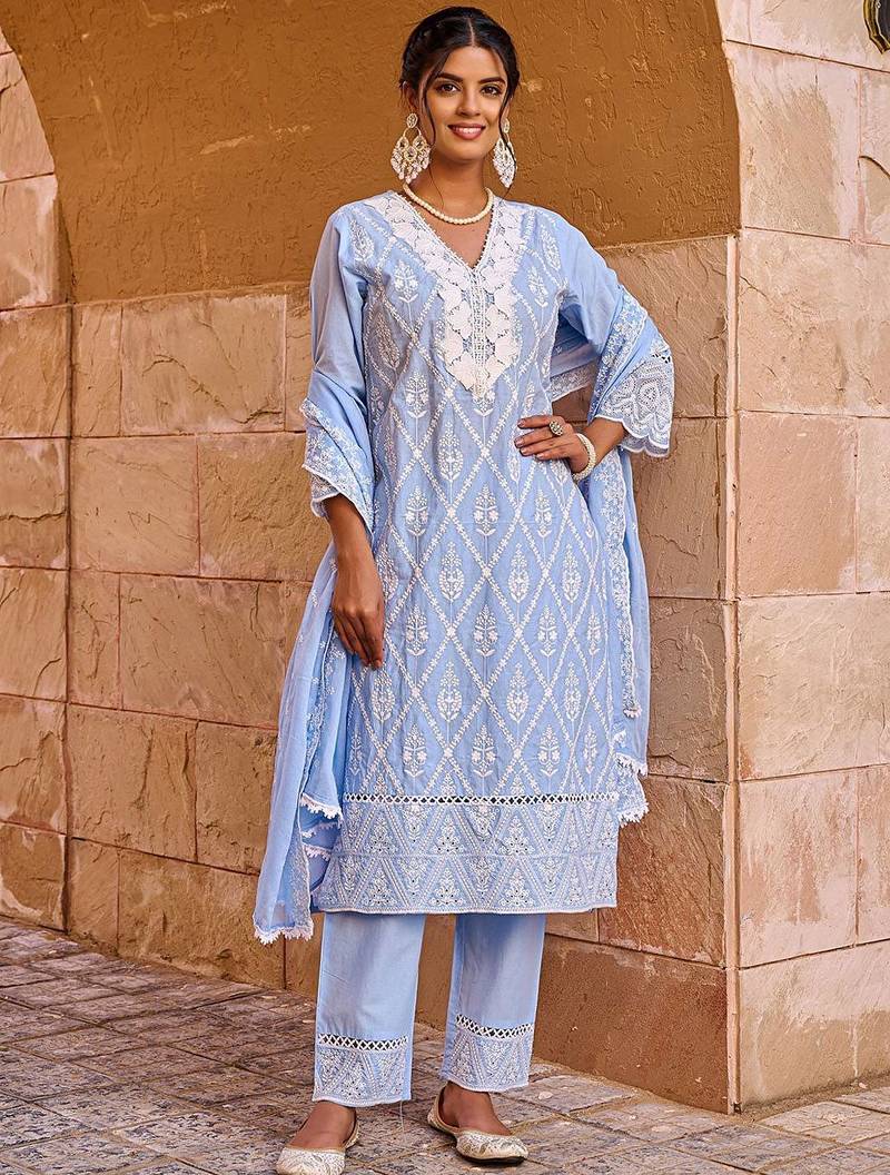 Women Floral Embroidered  Cotton Kurta with Trousers & Dupatta