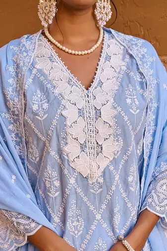Women Floral Embroidered  Cotton Kurta with Trousers & Dupatta